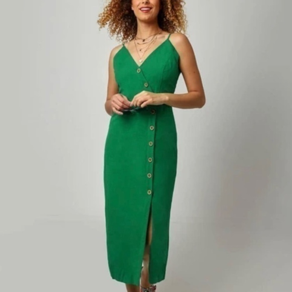 NWT Ark n Co linen blend green asymmetric button down midi dress